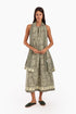 Long A-line sleeveless dress in printed cotton with pockets